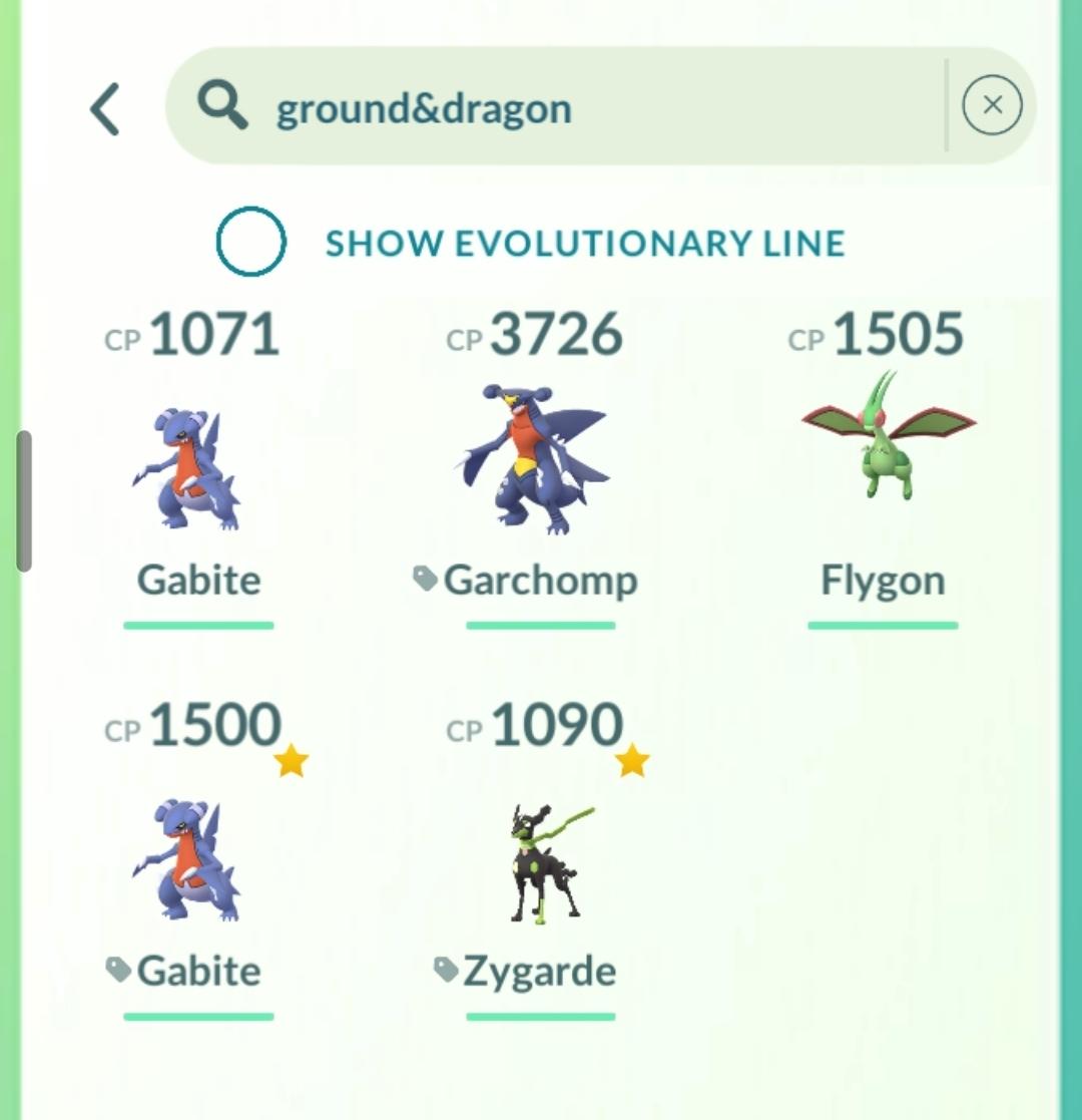 My pokemon in the Go app, filtered by Dragon and Ground types.  I did this by entering the following search (with no spaces): dragon&ground
