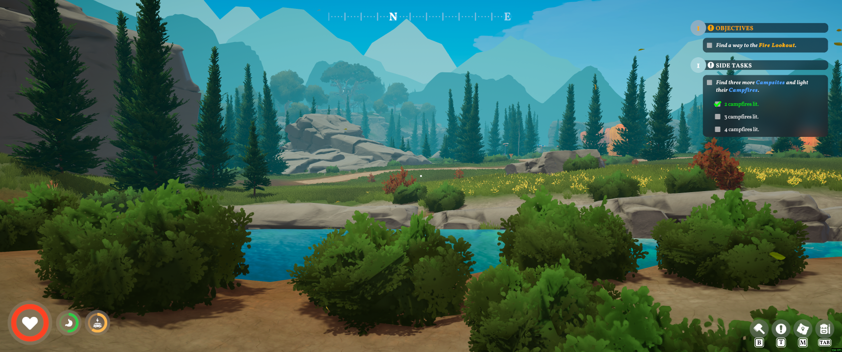 Screenshot from Outbound. You can park the van and wander around on foot, and this is a landscape shot taken while doing so. It shows a stream, some bushes and tress, mountains in the distance. It looks quite peaceful