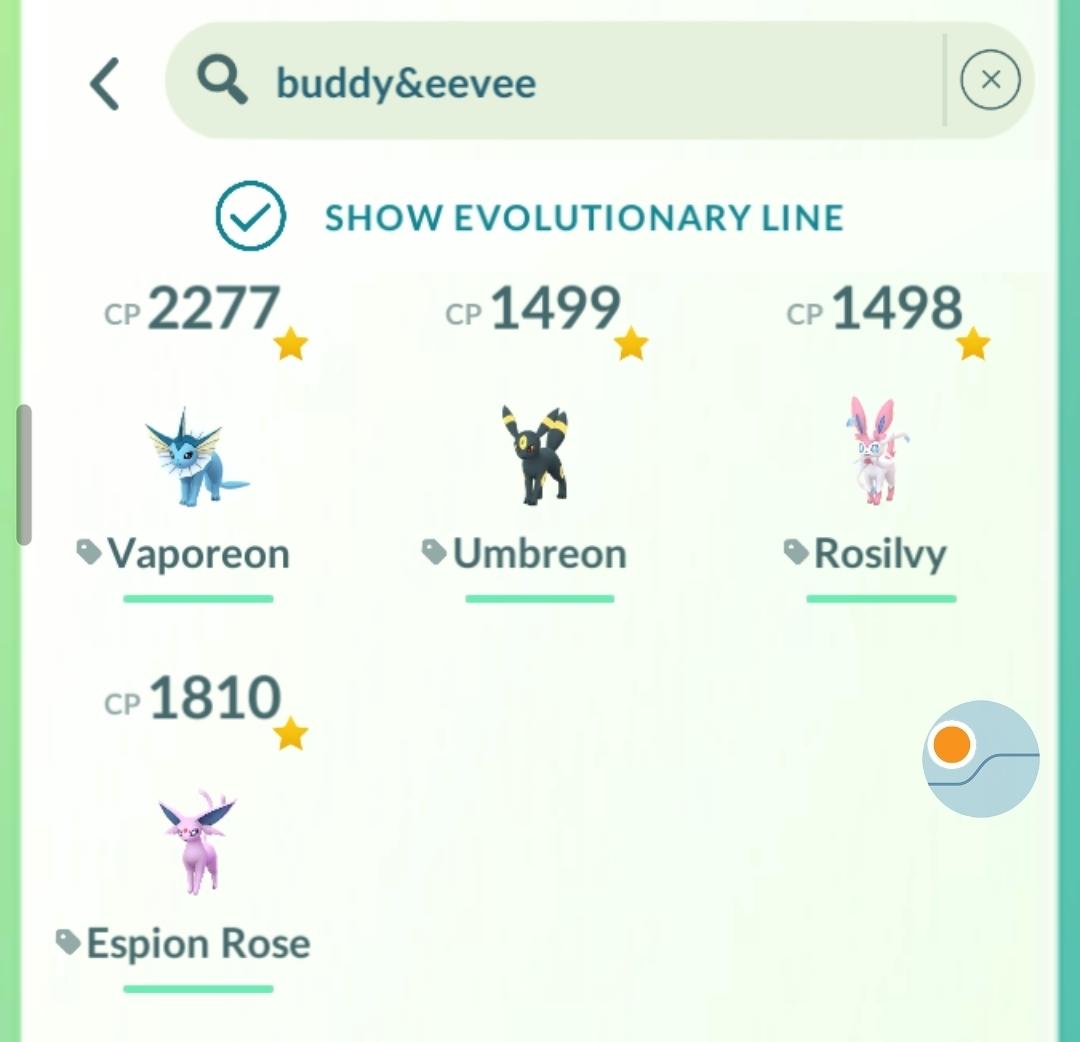 A second filter example where i wanted to see which of my Buddy pokémon in the Go app were eevee evolution. The filter says: Vaporeon, Umbreon, Rosilvy (Sylveon) and Espion Rose (Espeon).

Though sadly, "Buddy" is not a true filter, so it's only showing those I've tagged as "Buddy".