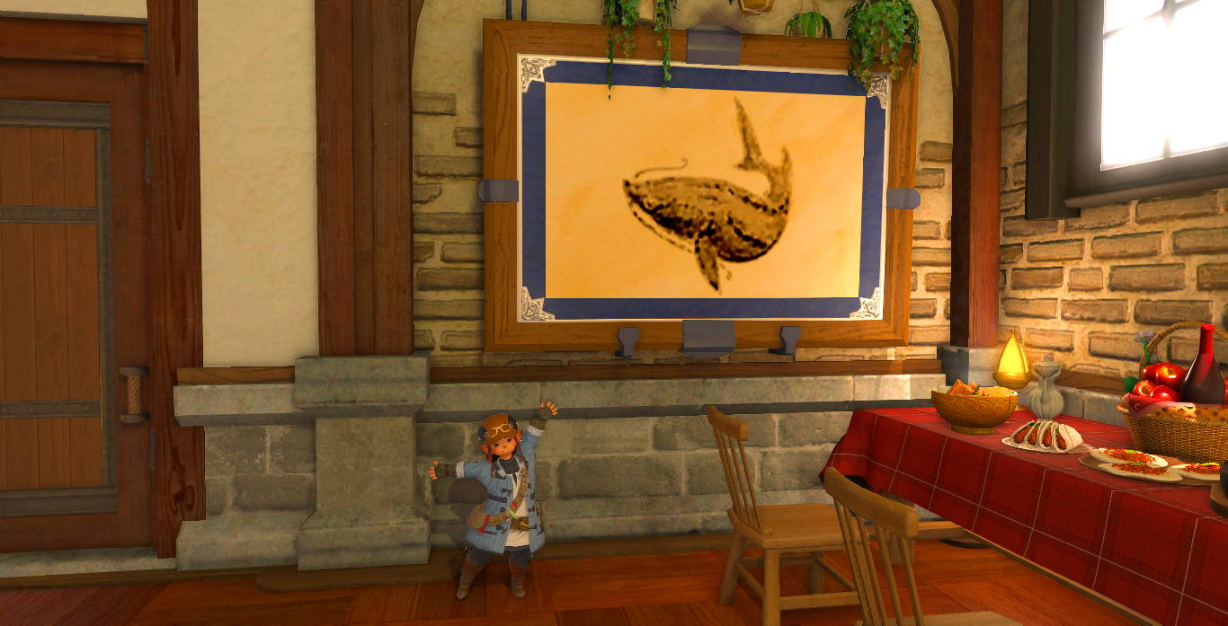 A screenshot of a Lalafell showing off a framed print of a morinabaligi fish.