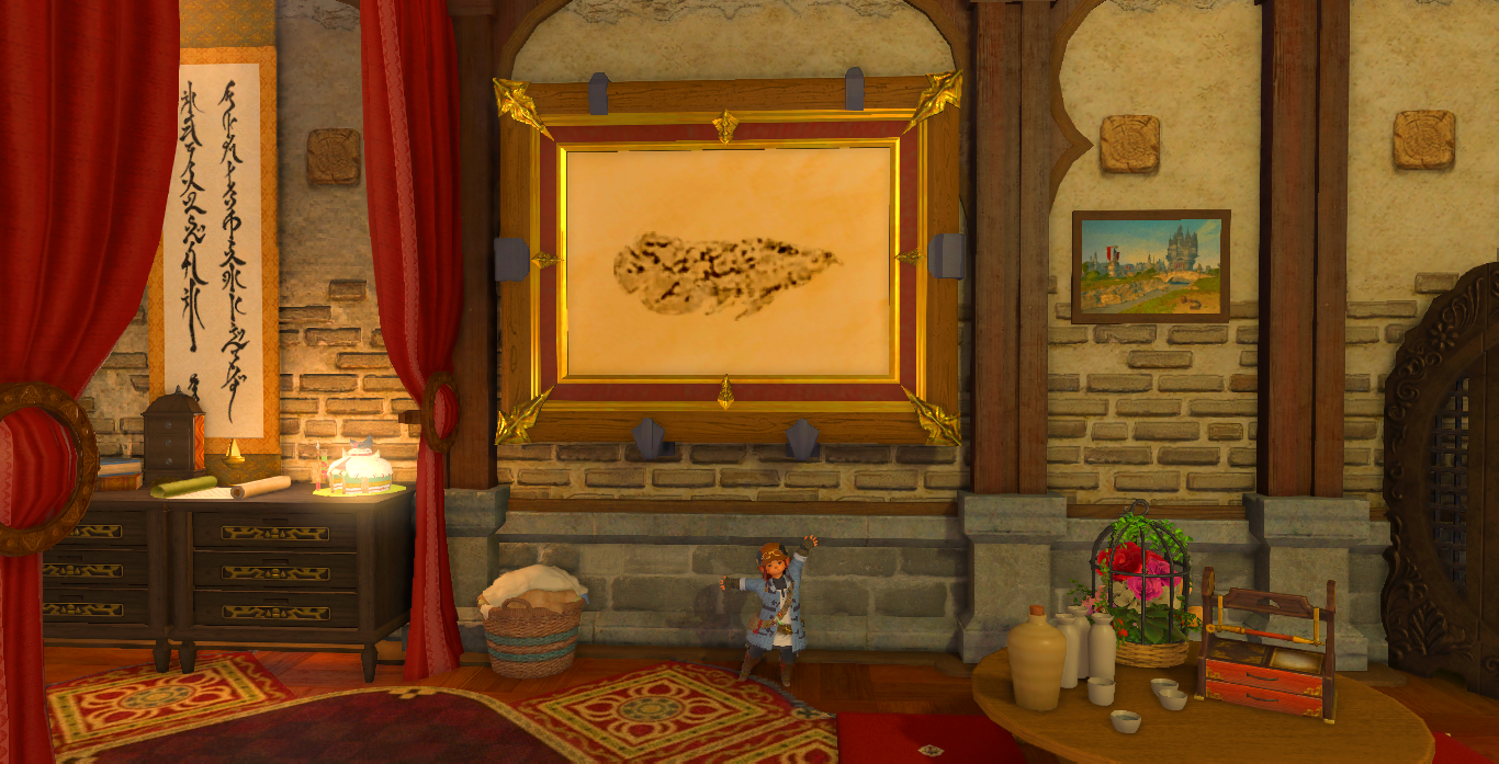 A screenshot of a Lalafell in fishing gear showing off a giant framed print of the fish Fossiltongue.