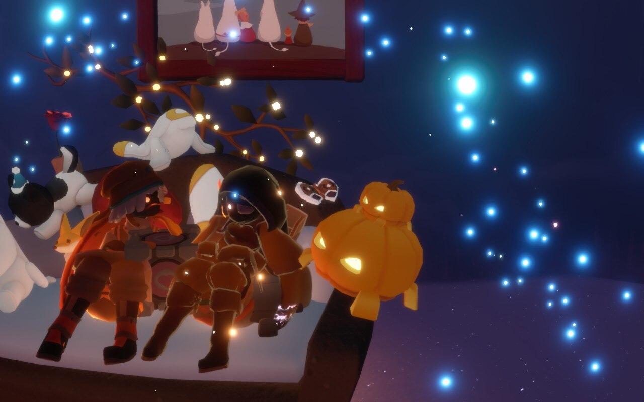 A screenshot from Sky Children of the Light taken on Steam Deck. Two sky kids sit on a couch, surrounded by plushies whike watching a projector.
