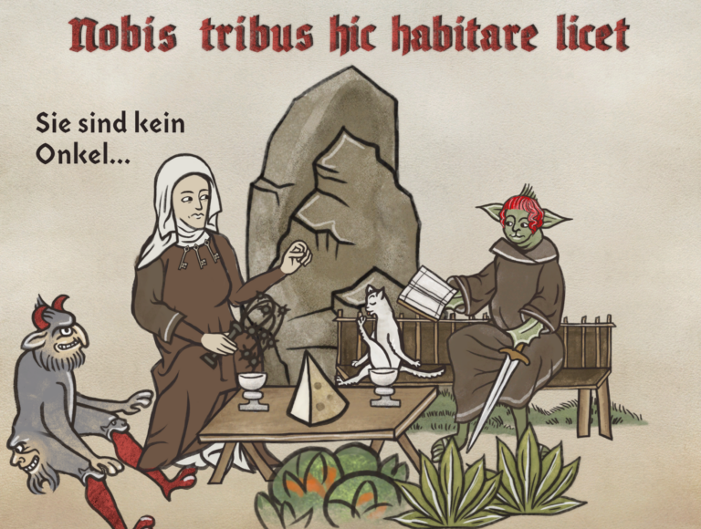 This illustration is styled like a medieval manuscript illumination, rendered in muted earth tones with flat shading and heavy outlines, as if painted on parchment.

Across the top, in red Gothic lettering, is the Latin phrase:

**“Nobis tribus hic habitare licet”**
(“We three are permitted to dwell here.”)

On the left side, in modern black lettering, appears German text:

**“Sie sind kein Onkel…”**
(“You are not an uncle…”)

---

### Central Scene

The composition is arranged around a low wooden table set outdoors before a large standing stone.

#### Left Figure

A woman in medieval attire kneels beside the table. She wears a brown gown and a white wimple covering her hair, suggesting a nun or pious medieval woman. In her hands she holds what appears to be a small mechanical or devotional object—possibly a spiked instrument or symbolic device. Her expression is calm and faintly amused, and she gestures conversationally with one hand.

At her feet is a small gray devil-like creature with red horns and red feet. It looks mischievous rather than threatening, grinning as it crouches near her.

#### Right Figure

Seated on a wooden bench is a green-skinned goblin or imp-like creature dressed in a monk’s robe. He has pointed ears and short red hair. In one hand he holds an open book; in the other, he grips a sword angled downward between his legs. His posture is composed, almost scholarly, as if reading aloud or participating in discussion.