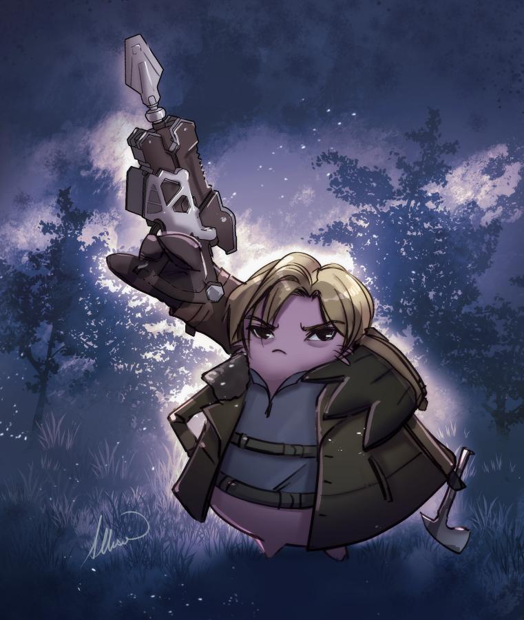 digital sketch of a Xenoblade-verse nopon in the style of Leon Kennedy from Resident Evil.