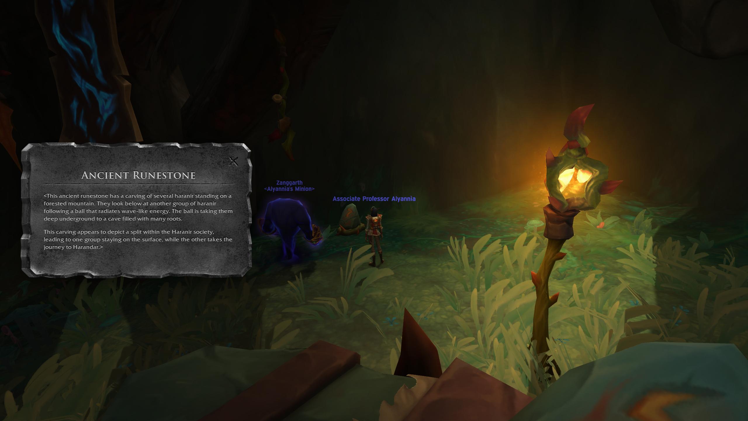 ANCIENT RUNESTONE

This ancient runestone has a carving of several haranir standing on a forested mountain. They look below at another group of haranir following a ball that radiates wave-like energy. The ball is taking them deep underground to a cave filled with many roots.

This carving appears to depict a split within the Haranir society, leading to one group staying on the surface, while the other takes the journey to Harandar.