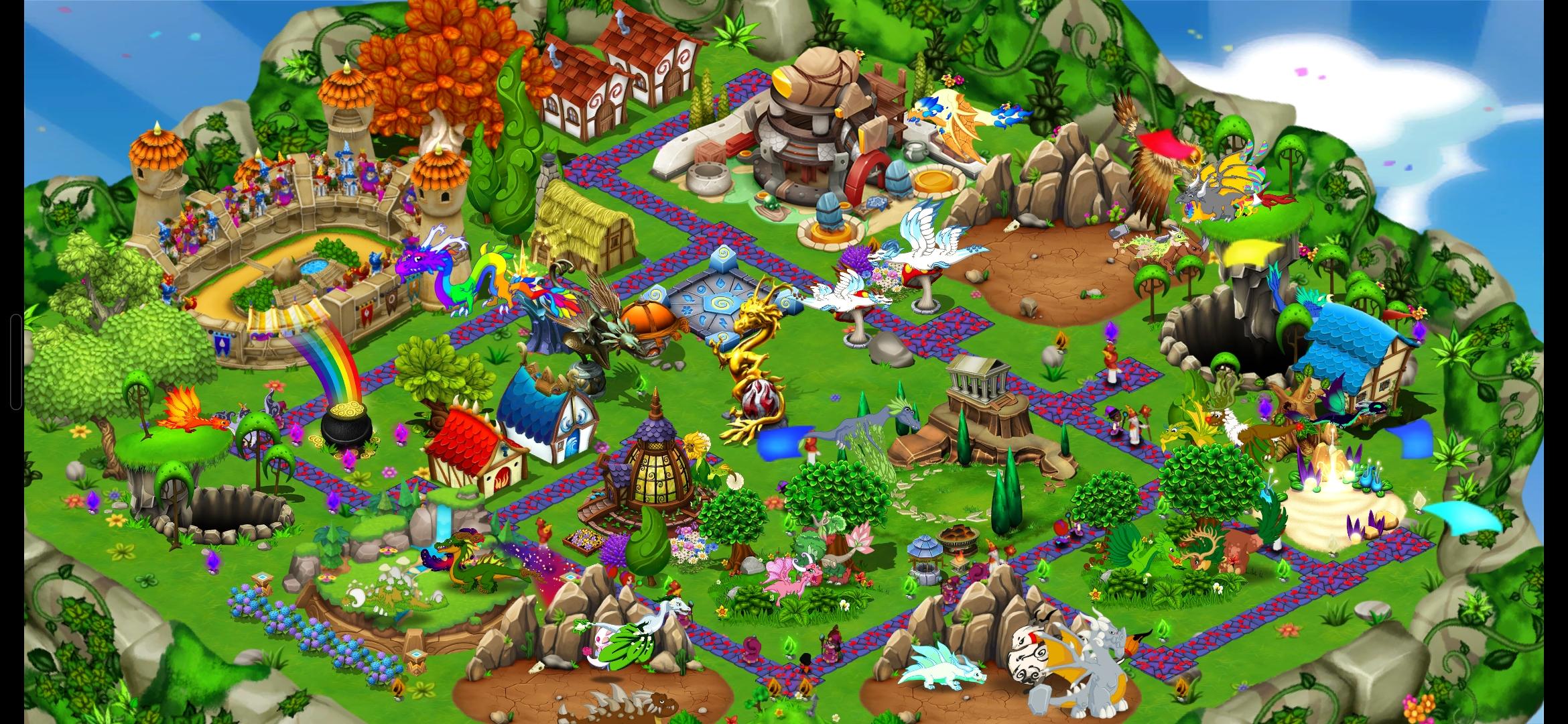 My main green island, featuring the race track, some human buildings, and largely earth, air and grass dragons.