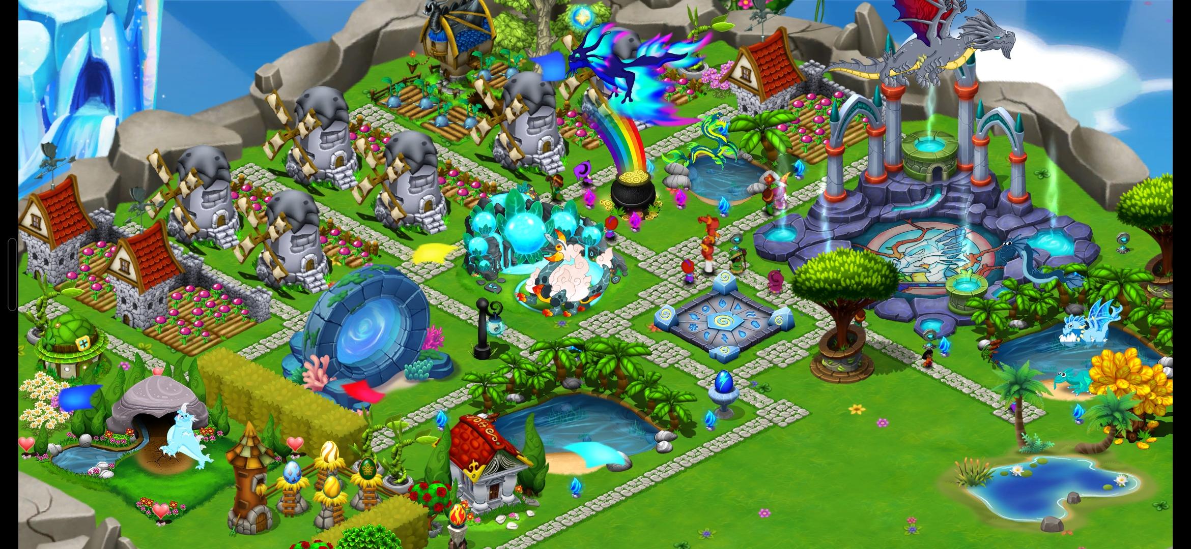 My second green island is a tad more organised, with windmills and farms in neat rows. This will eventually be mostly for water dragons. A breeding cave, and a hatchery with 4 dragon eggs also feature.

A large stone structure is the "unlocked over time" feature of the ancient dragon Bahamut, where you can roll a 12-sided dice giving you a chance to level up one dragon one level.