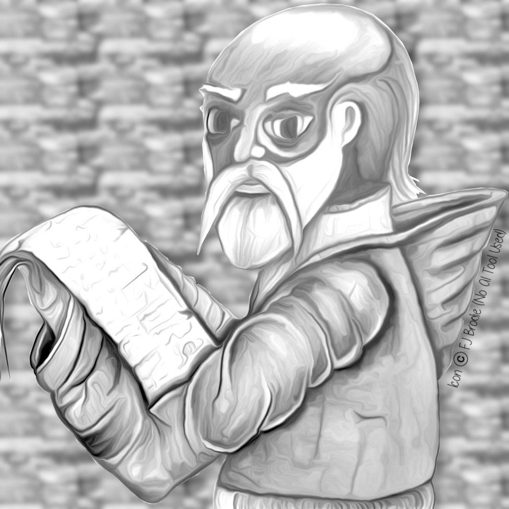 Firstly, I drew this by hand, then used GIMP to select the character so I could apply the background. I passed the drawing through a smoothing filter because my pencil drawings always look bad in photos.

Image description: 

A dark-skinned man with a bald head, grey hair at the back and white long-but-neat moustache and beard. He's wearing a rumpled, hooded gown. In this hands are several sheets of papyrus that appear written on.

The background is a focus-blurred stone wall.