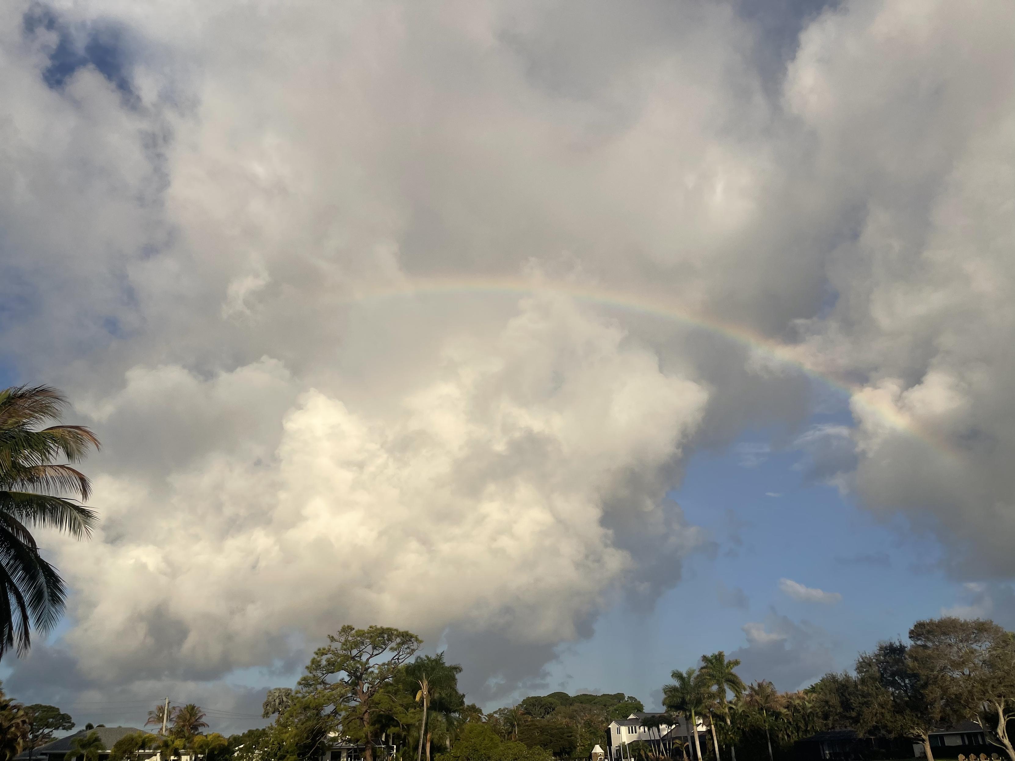A photo of a rainbow with big pillowy white and gray clouds in the background.
