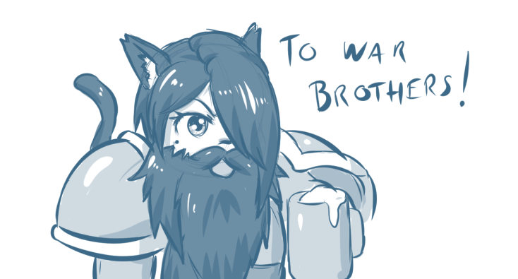 Juli as a dwarf with big shoulderplates, a big beard and a big pint of beer shouting "To war, Brothers!"