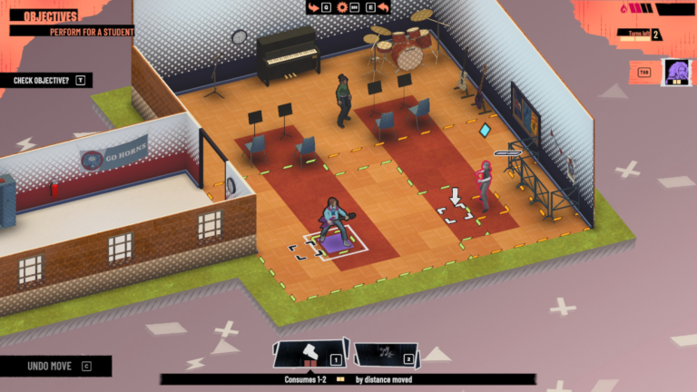 A top-down view of a colorful music rehearsal space. It features a stage with instruments, chairs, and a few characters. One character is positioned at the center, while another character is moving towards a musical setup. There are highlights and arrows indicating movement.