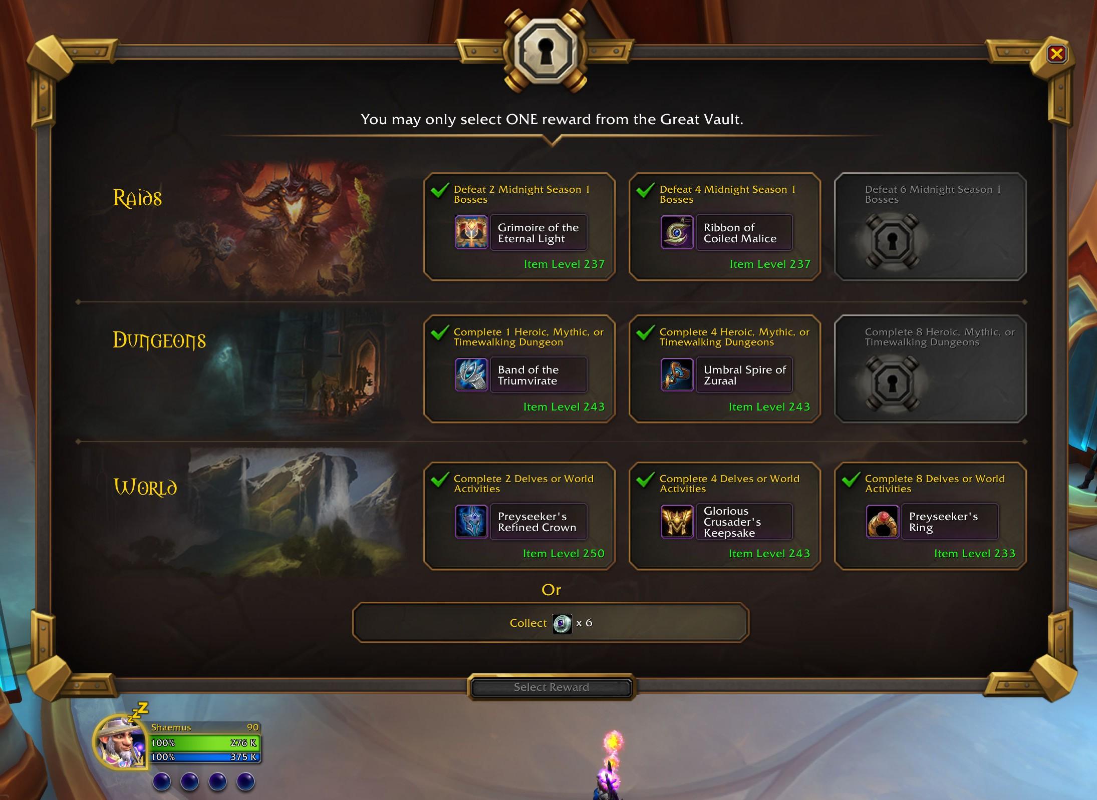 A screenshot of the Great Vault loot choices for the week.