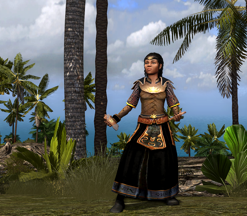 A dark-skinned River Hobbit stands with a rune stone in each hand, wearing a black skirt with gold decorations. The torso is partly strapped leather, with the heart area and above protected by shiny plate metal. Simple, elegant black shoulder pads are edged in gold. The character wears a black headband with a gold triangle pointing downwards.

The backdrop has palm trees, rich plantlife, fluffy clouds and a misty, but blue ocean.