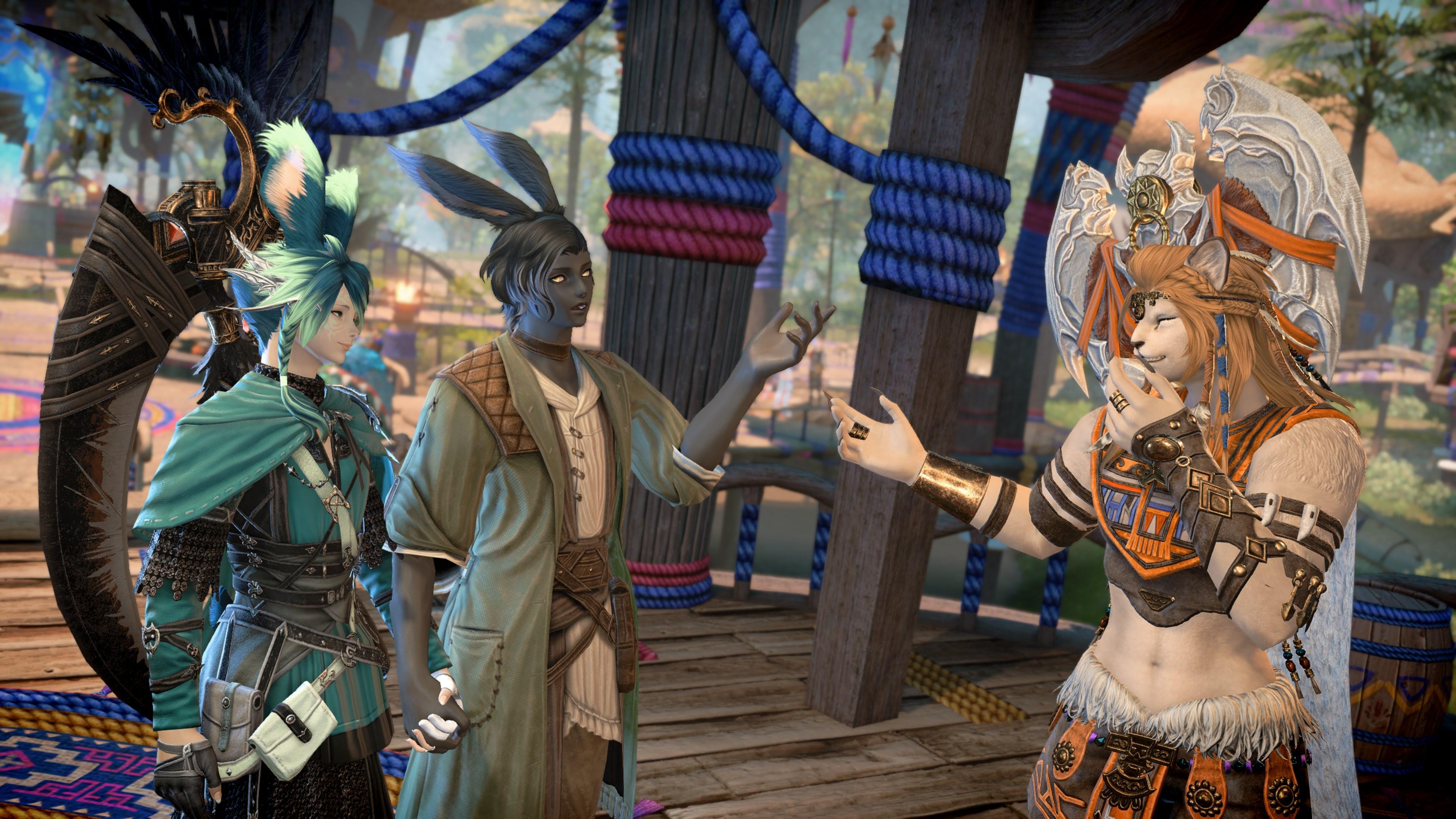 ffxiv gpose screenshot. xephre, erenville, and wuk lamat are standing in ok'hanu. erenville and xephre are holding hands. wuk lamat is laughing, covering her mouth with one hand. erenville makes an exasperated gesture, his ears tipped back, rolling his eyes. xephre looks on with a smile.