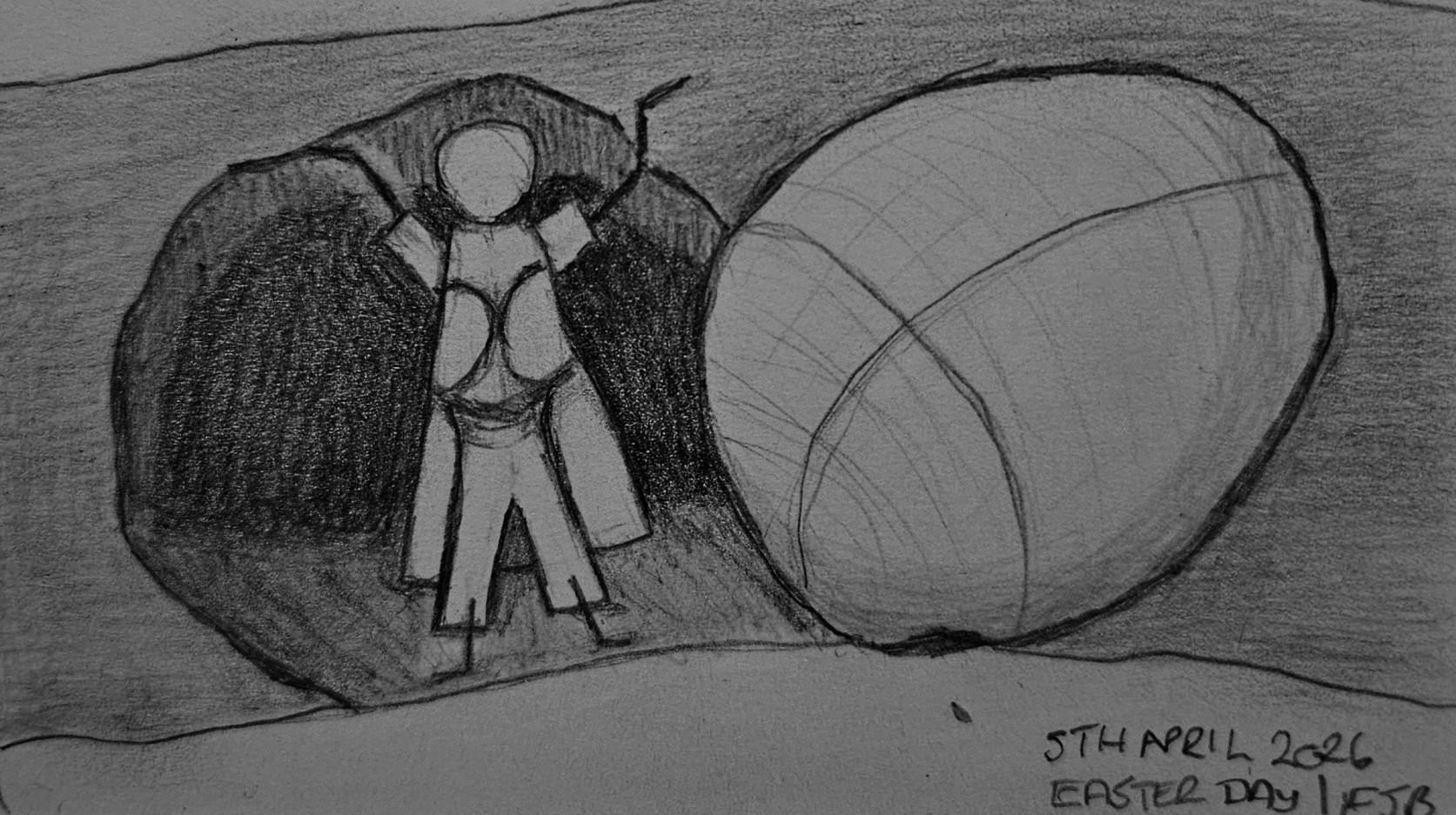 A hand drawn, very basic sketch inferring Jesus stretching as he walks out of the tomb on whatever date the original "Easter" event actually was.

I've drawn it in such a way that the numbers of today's date form part of the sketch: 5, 4 and 2026 are all in there.

Text reads: 5th April 2026
Easter Day
FJB