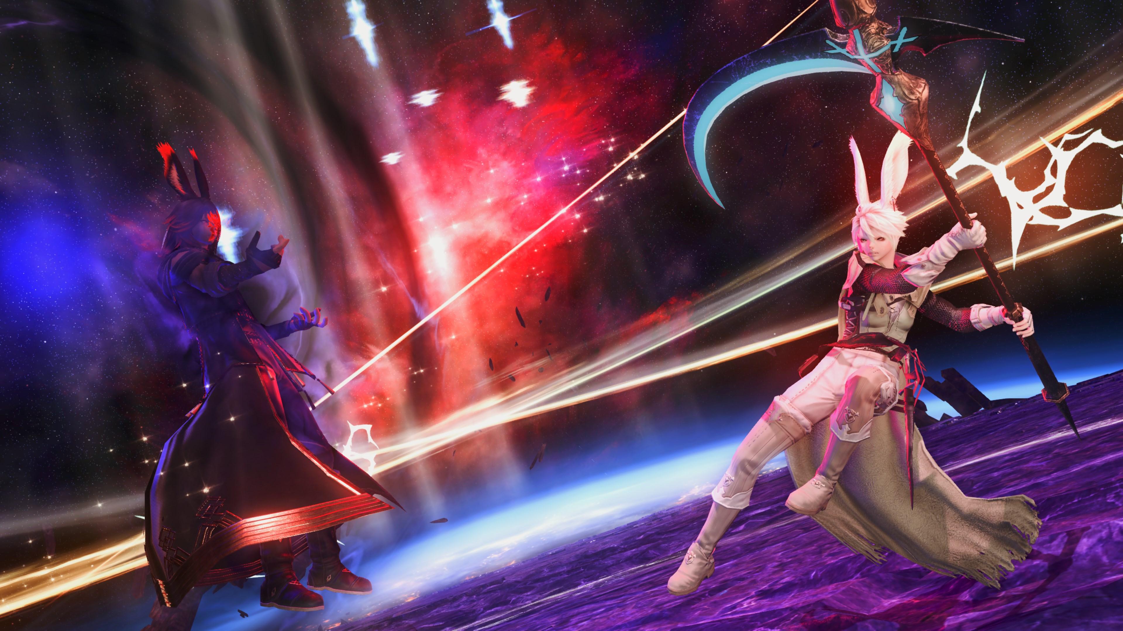 ffxiv gpose screenshot. above a blue planet, against a starry sky filled with space debris, two viera do battle. on the left, seyr, a black-haired viera with red tips dressed in black robes, summons dark magic, with an ascian sigil over his face. on the right, xephre, their hair and skin bleached white with the light, surges toward him with their scythe raised. dark and light effects swirl around the two fighters.