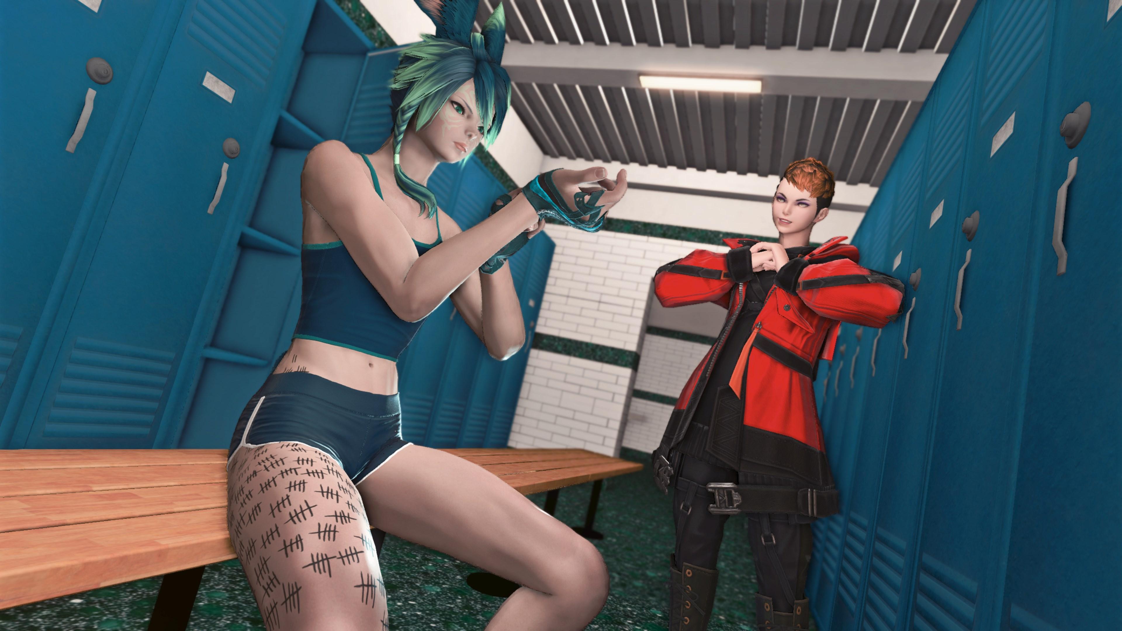 ffxiv gpose screenshot. xeph sits on a bench between rows of blue lockers, pulling on fingerless gloves with a determined expression. standing next to them is their handler, cammy, who is grinning with her fist in her other hand.