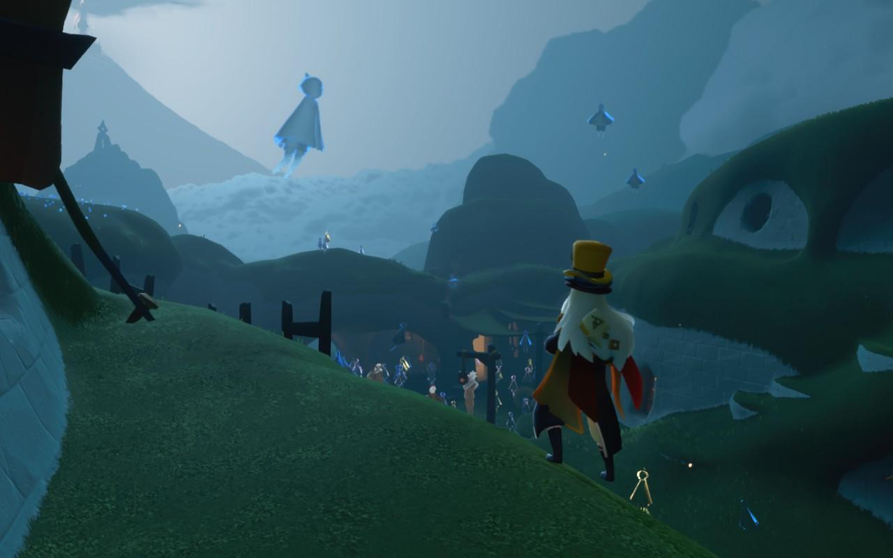 A screenshot from Sky Children of the Light taken on steam deck. The players sky kid stands with back facing the camera, wearing three hats and a colourful cape and looking at the ghostly looking children zooming around Aviary Village.