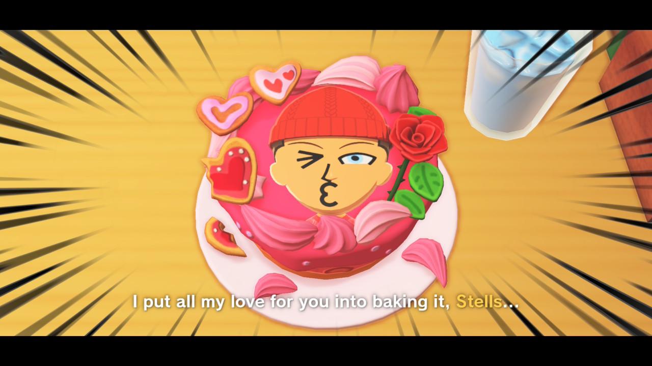 A screenshot from Tomodachi Life: Livin the Dream on Nintendo Switch. It shows a cake with Raihan Miis face plastered on it, making a kissy face and winking. The subtitle says "I put all my love for you into baking it, Stells..."