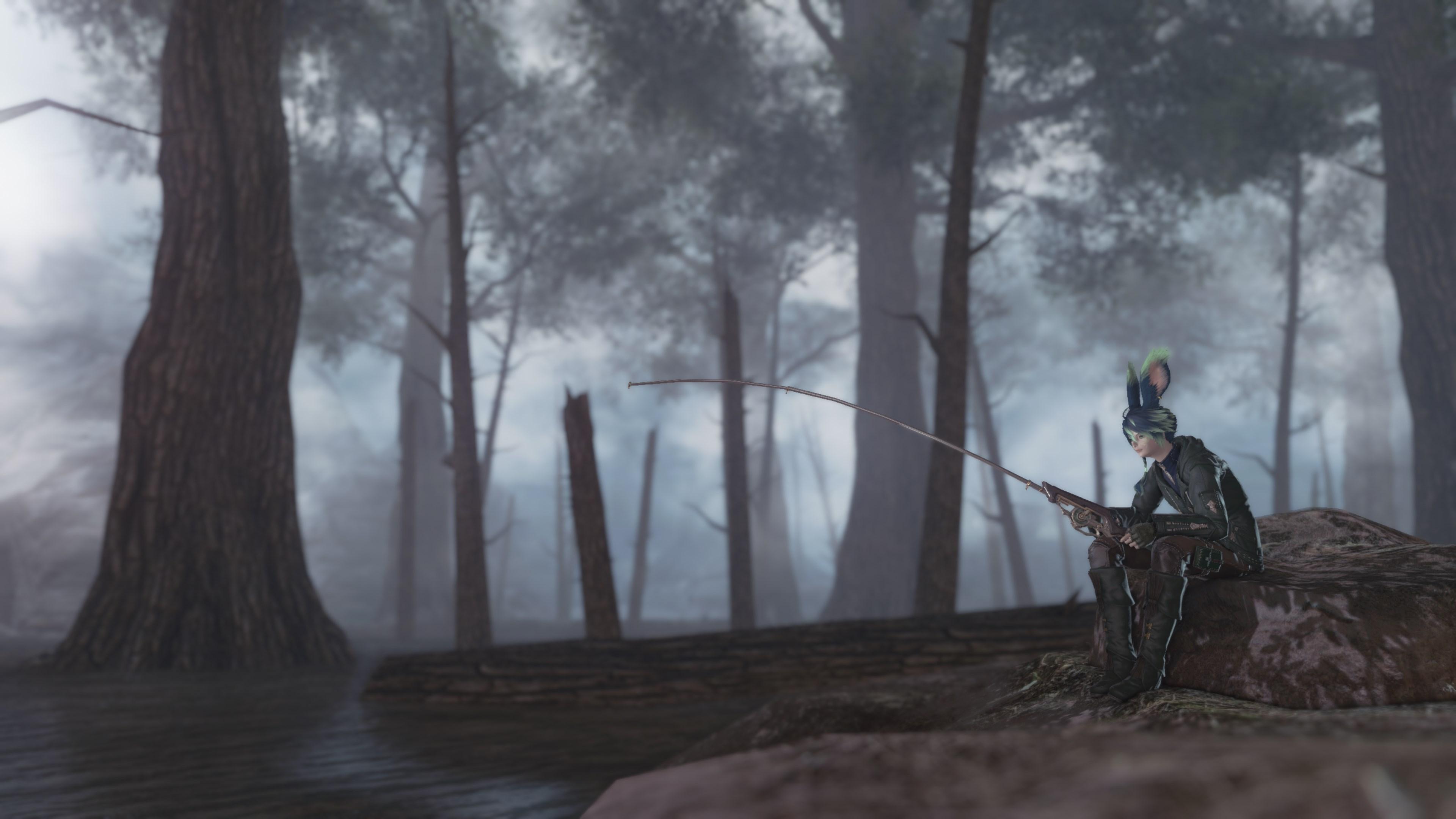 ffxiv gpose screenshot. in a foggy forest, xephre is sitting on a rock, fishing in contemplative solitude.