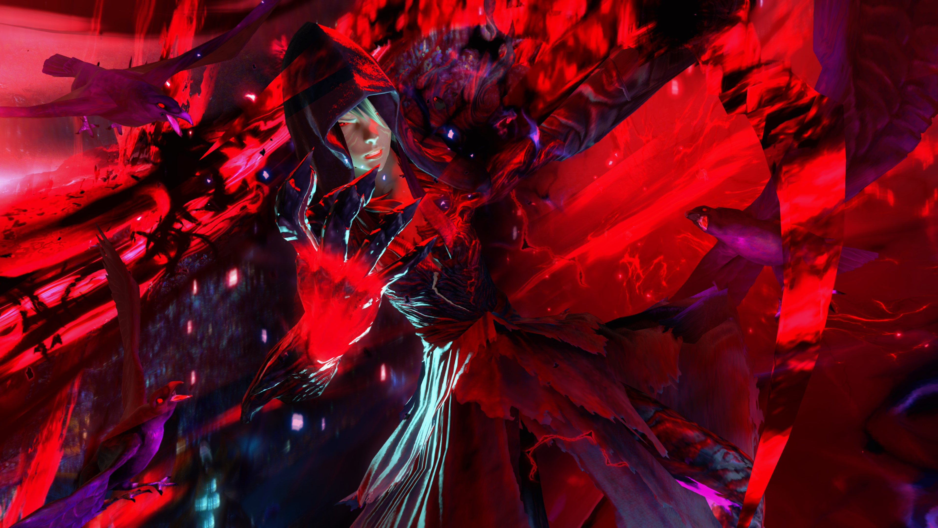 ffxiv gpose screenshot. xephre is in their enshrouded form, surrounded by black and crimson void effects, grimacing. three black birds with red eyes circle them, cawing.