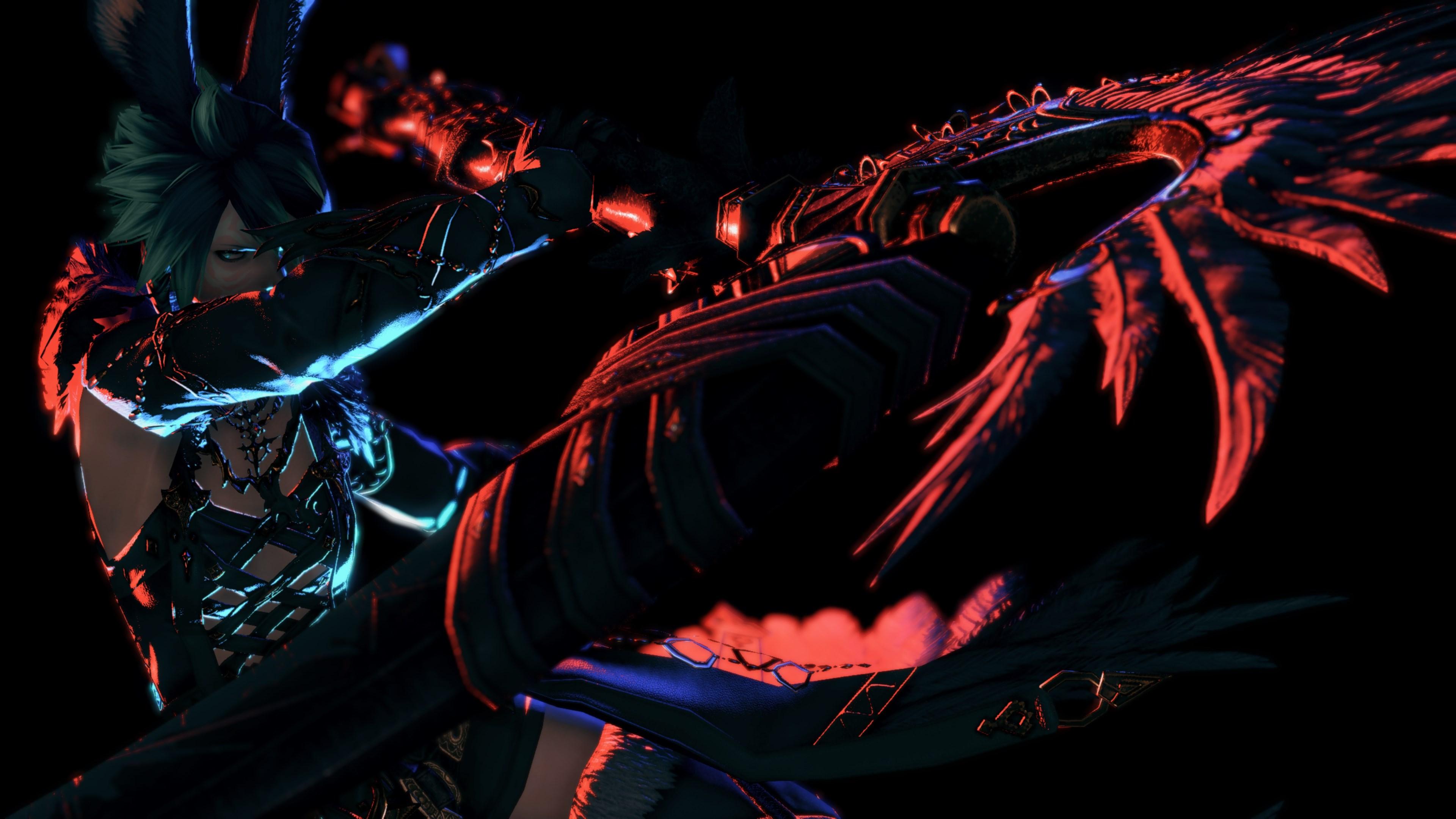ffxiv gpose screenshot. rim lit in red and cyan, xephre stands with their scythe raised so that the top curve is angled toward the player. the red highlights the details of the feathers and cloth straps on the weapon.