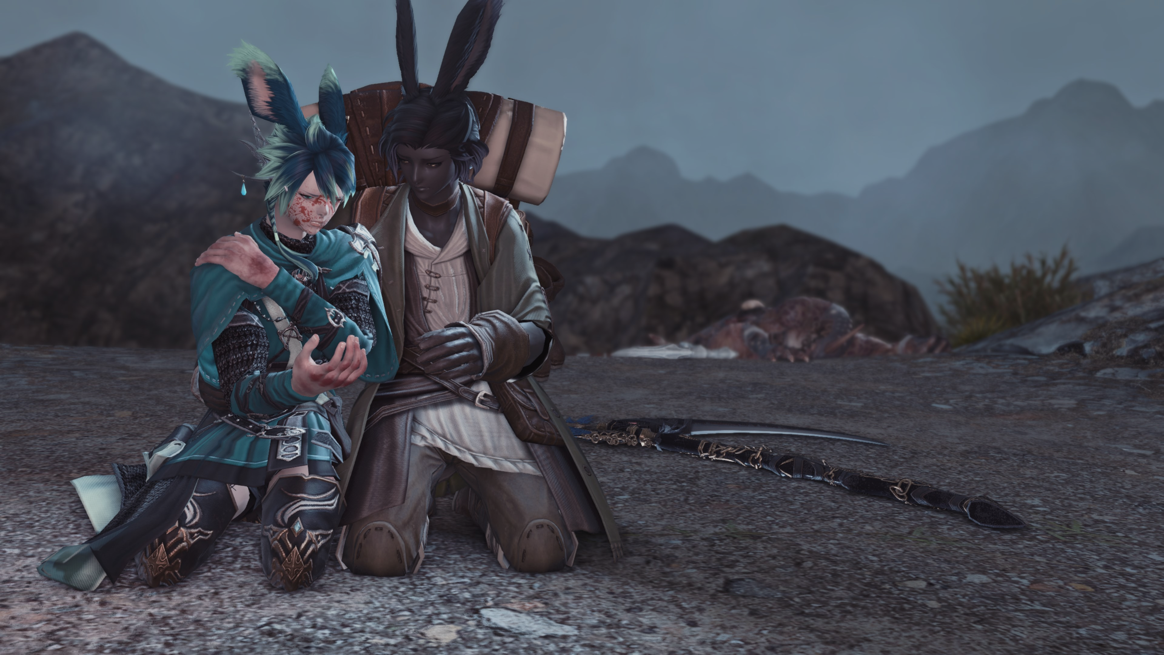 ffxiv gpose screenshot. xephre and erenville are kneeling on a path near worlar's echo. xephre's hands are bruised and bloody; they have blood spattered on their face. they're holding one shoulder as though injured and looking at their other hand. erenville has an arm around them, looking at them in concern. their scythe is on the ground nearby. further up the path lies the body of a fallen mamool ja.