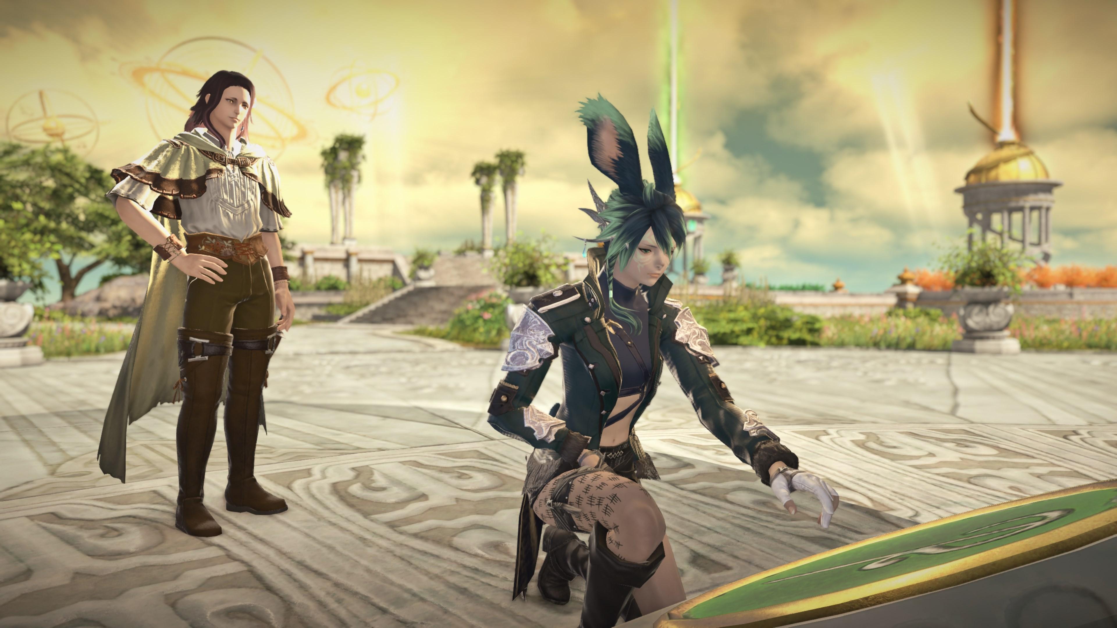 ffxiv gpose screenshot. in the omphalos, xephre kneels before the symbol of oschon, reaching toward it with a regretful expression. deryk stands behind them, one hand on his hip, smiling softly.