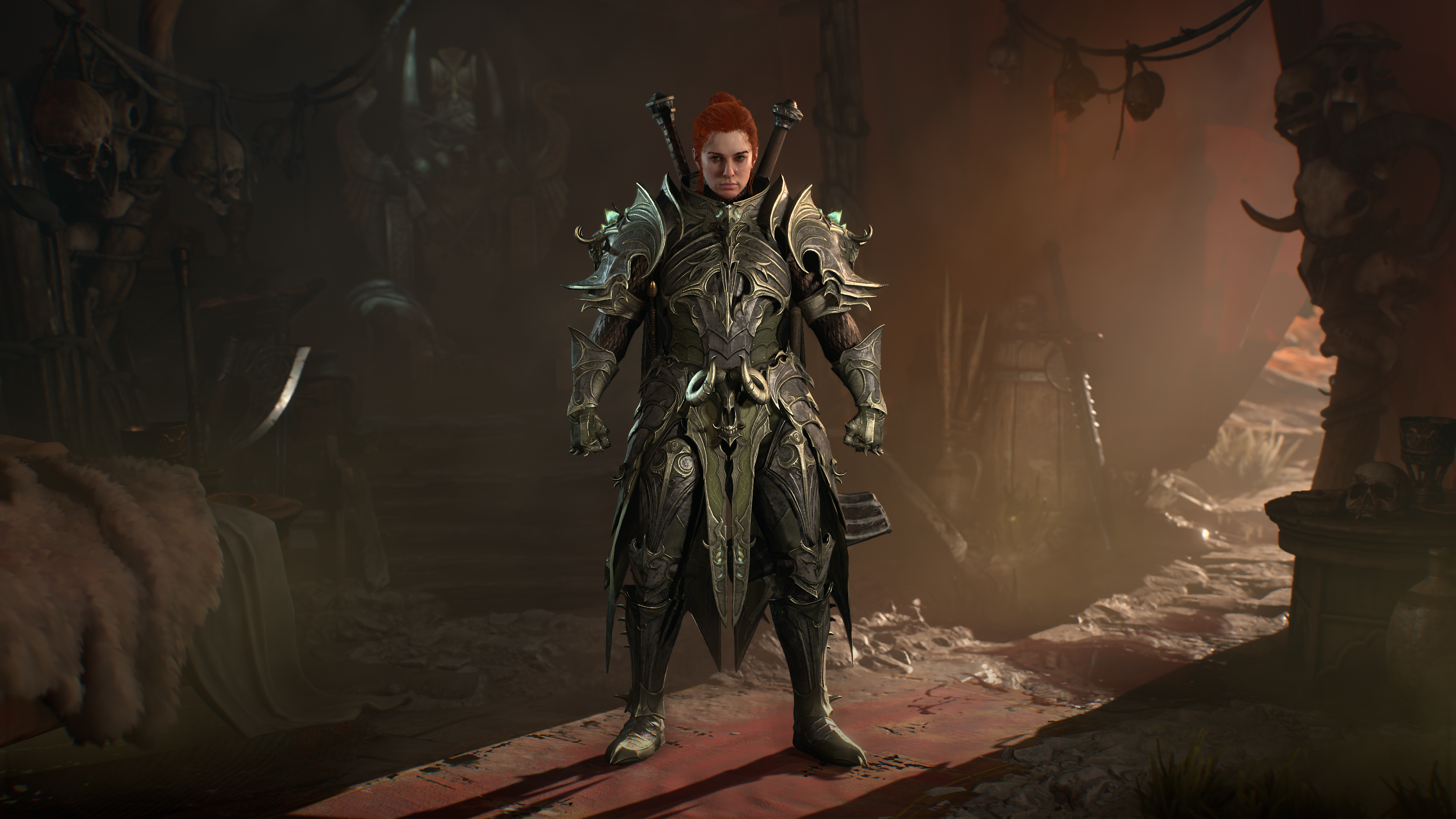 Screen from Diablo IV of a female barbarian with red hair, green eyes, and green and silver plate armor with a devil's face and horns on the belt and shoulder pads.