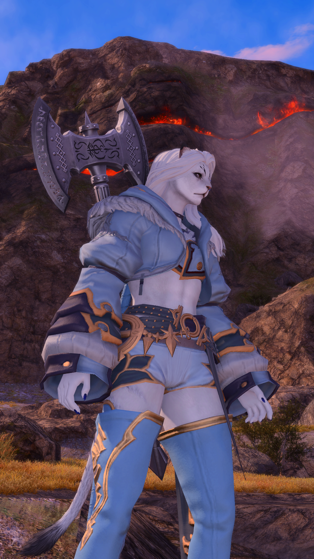 A screenshot from the critically acclaimed MMORPG "Final Fantasy XIV" featuring a female hrothgar that looks like a white tiger in front of a smouldering mountain.