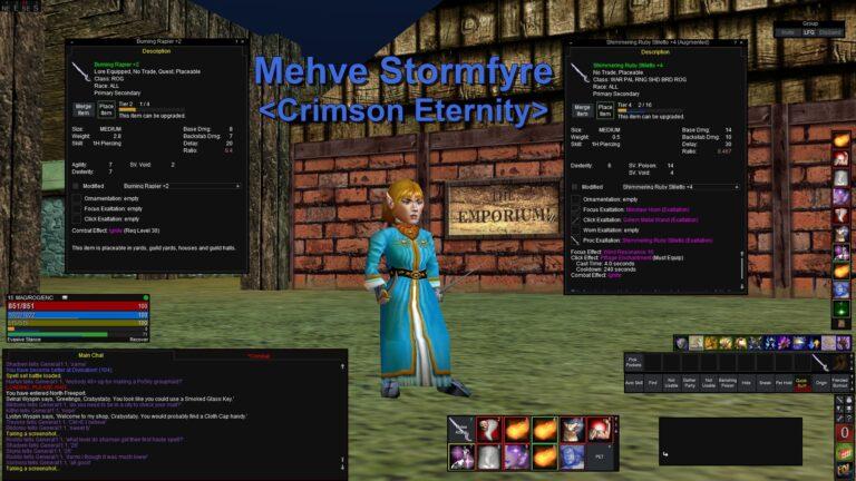 Screenshot showing a gnome mage in an Oracle Robe and wielding a Burning Rapier and a Stiletto of the Bloodclaw (with their item pages open) standing in the bank area in North Freeport. Additional UX elements and chat windows exist.