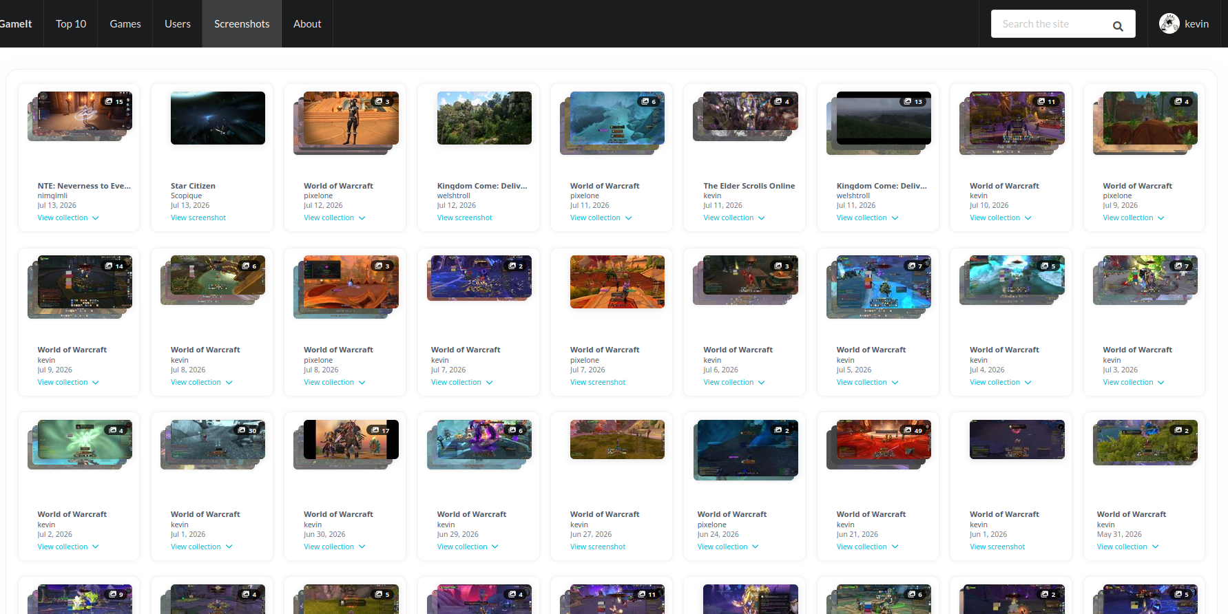 A screenshot of an image gallery. There are many stacked screenshots of games, tiled in rows on the page. Under each screenshot stack is basic metadata around the stack, including the name of the game from which it was generated, the user who took the screenshots, and the date on which they were taken.