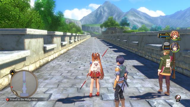 Estelle, wearing a creepy sheep backpack, kitty ears and tail, with Joshua not too far behind standing on a very long fortress wall made of massive stones.
On the distance you can see some mountains and you can see the top of some trees outside the walls.
There is a guard walking besides them.