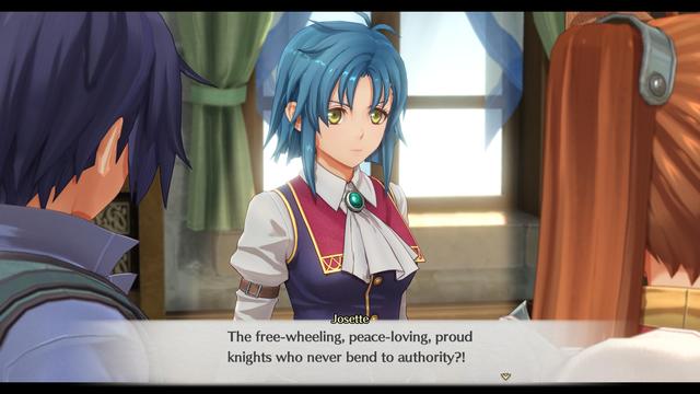 Josette talking with Joshua and Stelle inside the mayor's office.
She is wearing a school uniform, has a concerned look on her face and is saying "The free-wheeling, peace-loving, proud knights who never bend to authority?!"